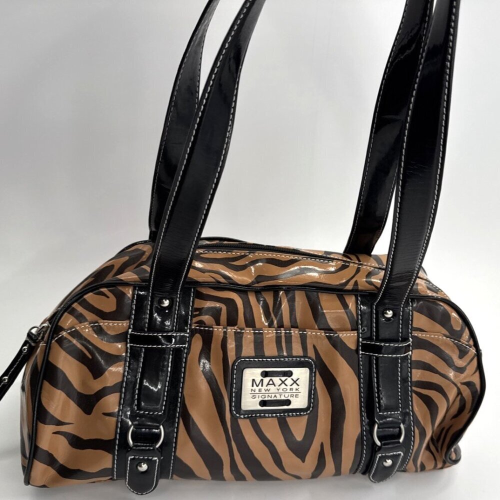 Maxx New York Shoulder Bag Animal Leopard Print Barrel PVC Shiny Double Handle